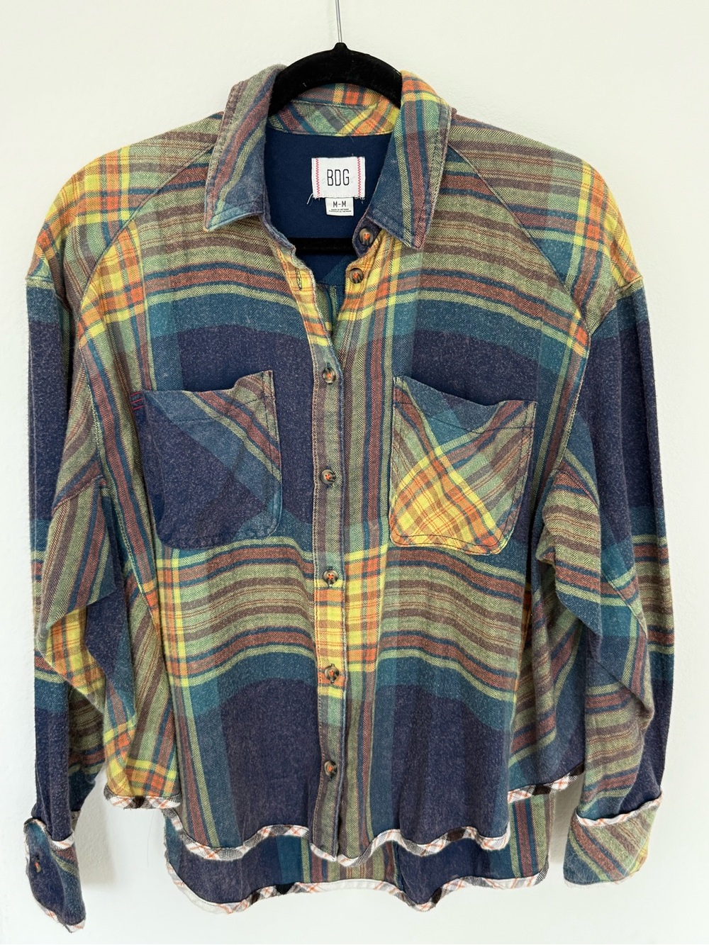 BDG Multicolor Plaid Button-Front Shirt Jacket - Navy, Green, Yellow & Orange